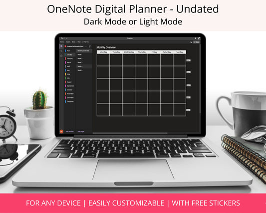 OneNote Planner Dark Mode Undated | Monthly Weekly Minimalist Planner | Blackout