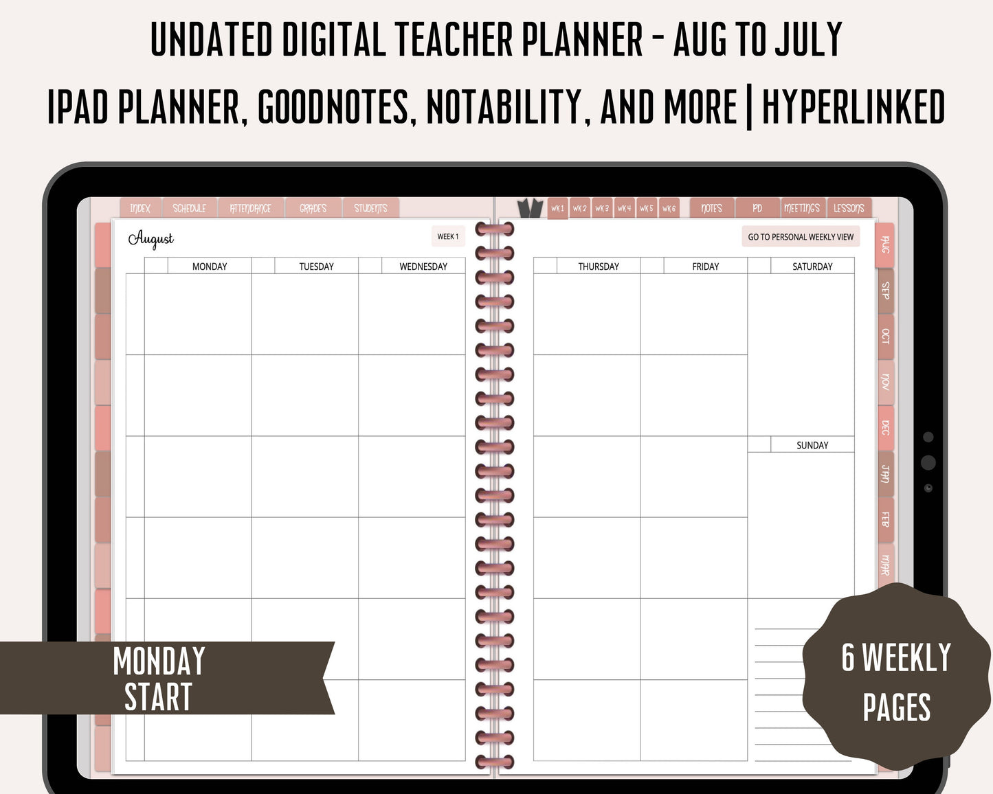 Undated Digital Teacher Planner | August Start Teacher PDF Planner | Rose Gold Planner