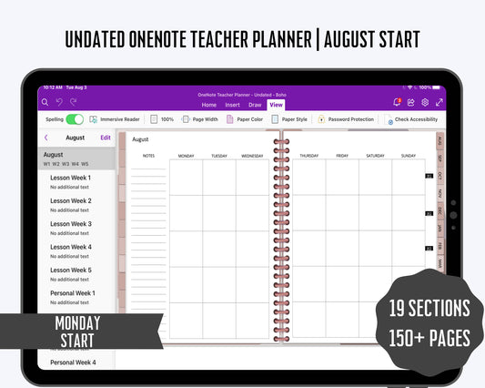 OneNote Teacher Planner Undated | Weekly Lesson Planner | School Planner August Start for Windows, Surface Pro, iPad, Android