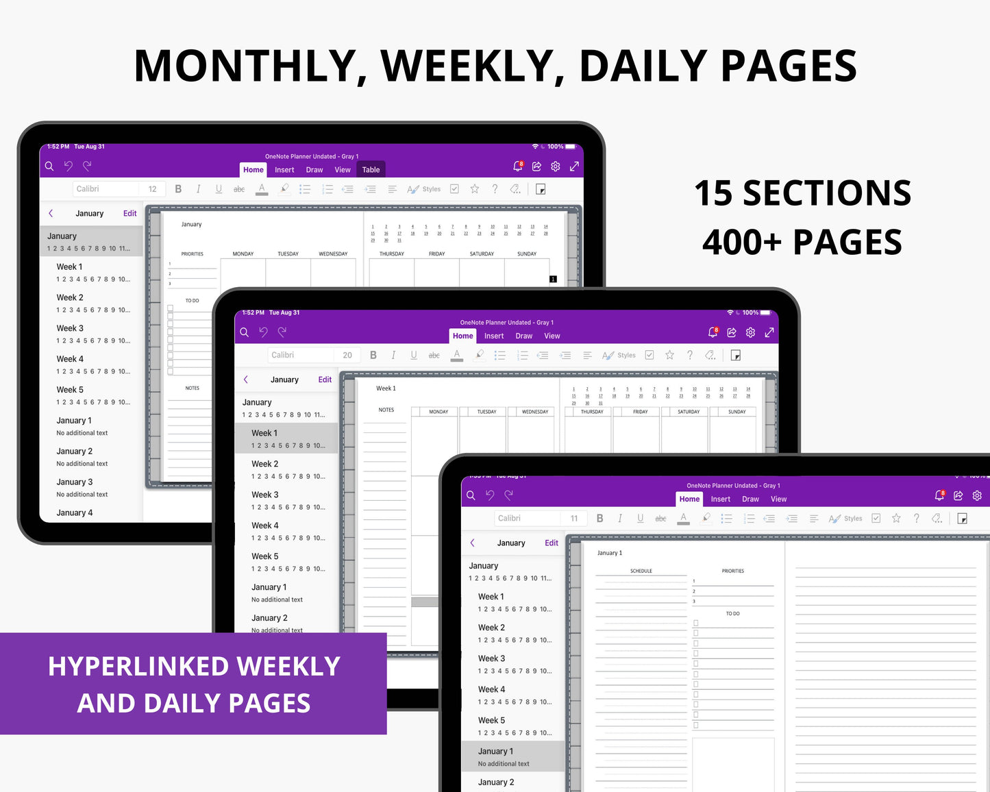 OneNote Planner Undated | Daily OneNote Template for Windows, iPad, Android, Surface Pro | Gray
