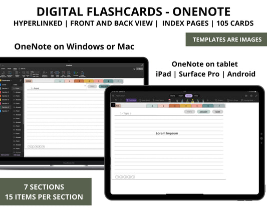 OneNote Flash Cards Template | Digital Flashcards | Student Study Cards for Surface, Android, iPad